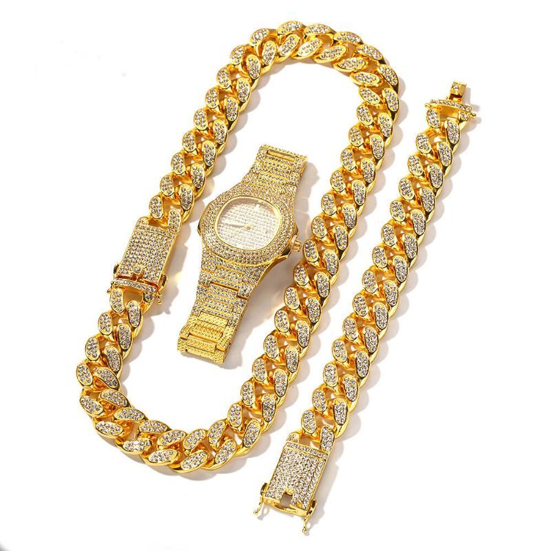 1/3 Pcs Luxe Strass Incrustés Hommes Montre Ensemble Hip Hop Chaîne Collier Bracelet