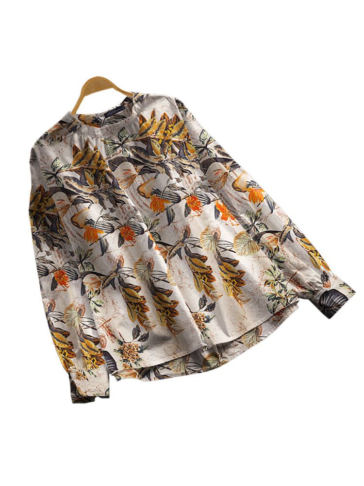 100% Coton Ample Col Rond Raglan Manches Longues Imprimé Floral Chemisier