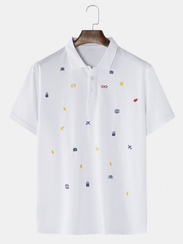 100% Coton Hommes Simple Dessin Animé Broderie À Manches Courtes Blanc Chemises De Golf Décontractées