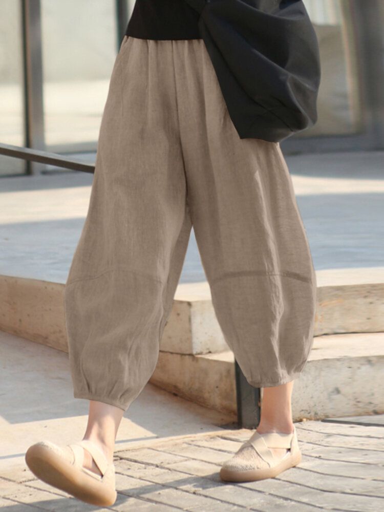 100% Coton Lâche Taille Élastique Mi-mollet Longueur Pantalon Mince Pour Les Femmes