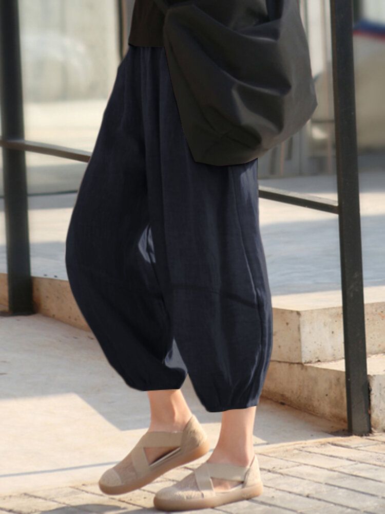 100% Coton Lâche Taille Élastique Mi-mollet Longueur Pantalon Mince Pour Les Femmes