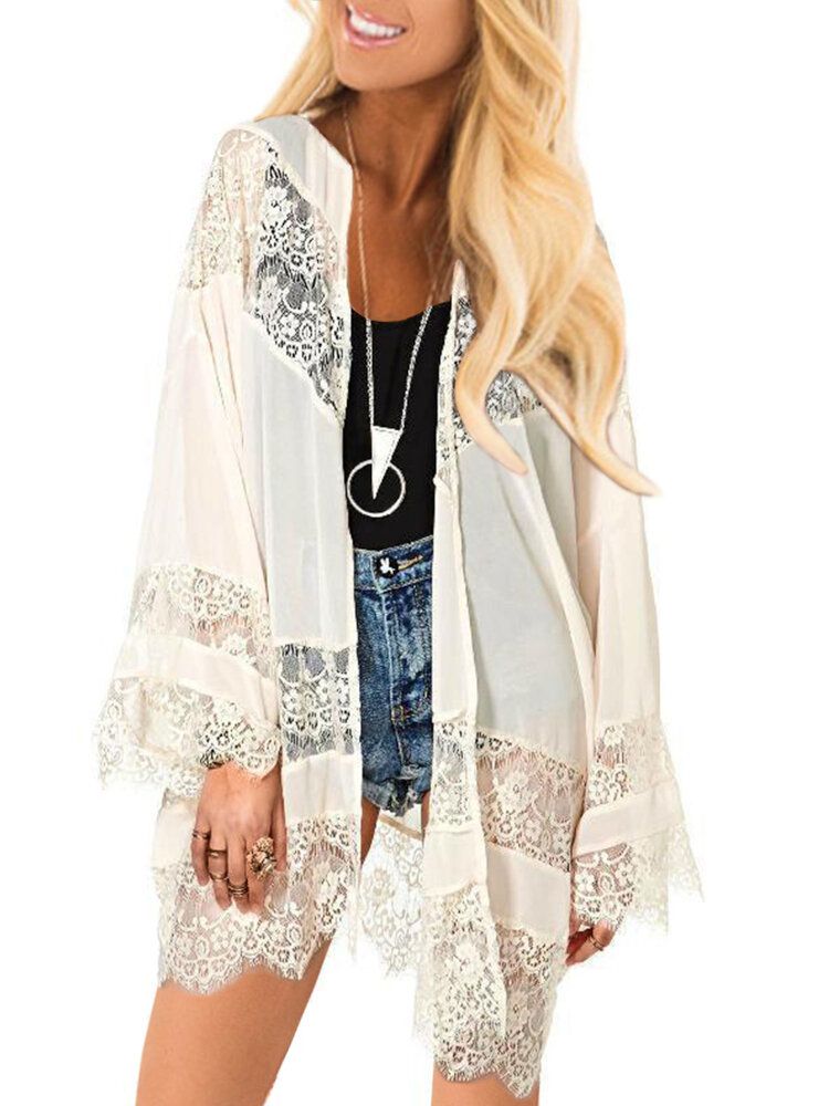 100% Polyester Mode Dentelle Splice Lâche Floral Cardigan Manteau Pour Femmes