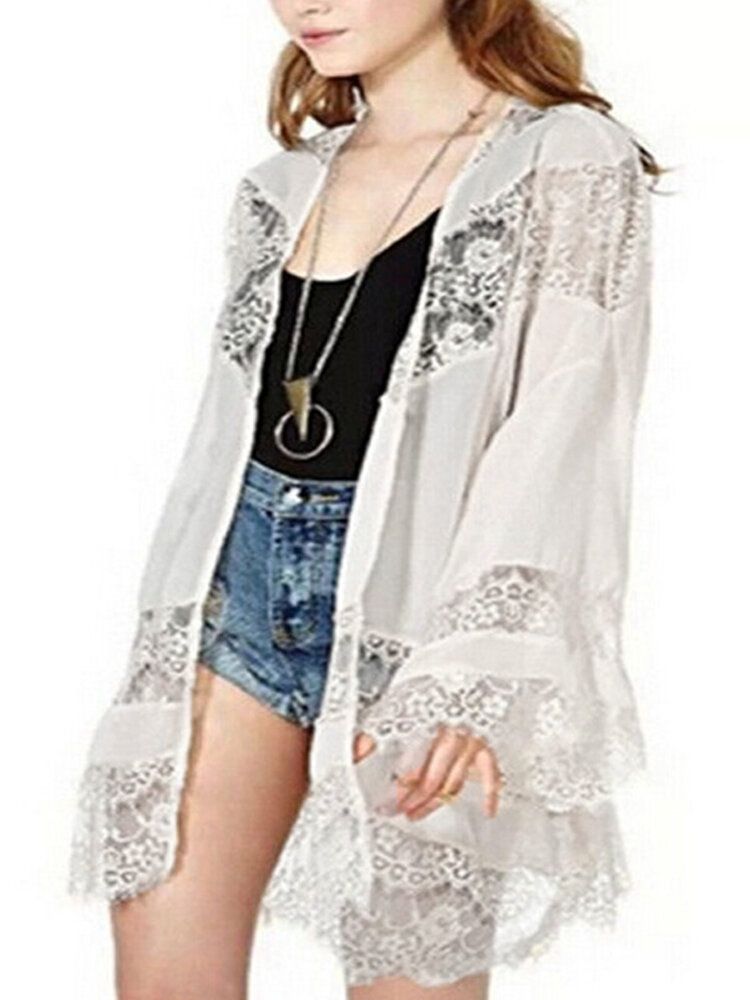 100% Polyester Mode Dentelle Splice Lâche Floral Cardigan Manteau Pour Femmes