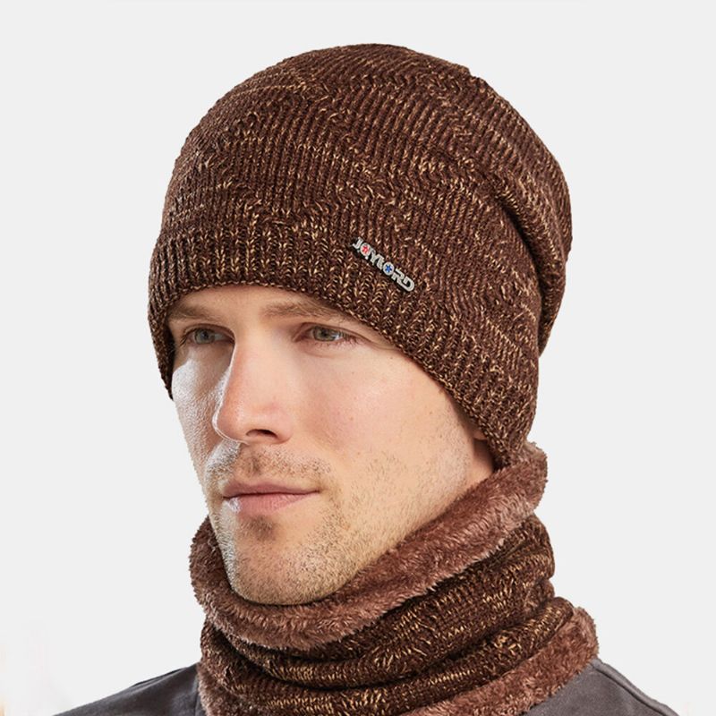 2 Pcs Hommes Automne Hiver Chaud Tricoté Baotou Cap Écharpe À Carreaux Motif En Plein Air Vélo Oreille Protection Coupe-vent Bonnet Crâne Chapeau