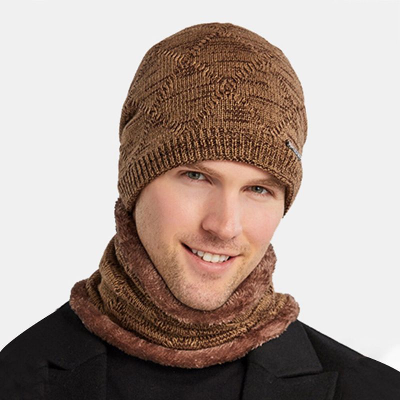 2 Pcs Hommes Automne Hiver Chaud Tricoté Baotou Cap Écharpe À Carreaux Motif En Plein Air Vélo Oreille Protection Coupe-vent Bonnet Crâne Chapeau