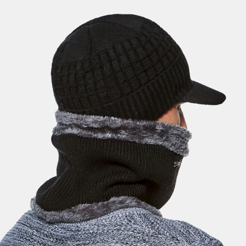 2 Pcs Hommes Hiver Plus Velours Chaud Cachemire Bonnet Bonnets Tricotés Écharpe Masque Extérieur Sauvage Élastique Réglable Coupe-vent Bonnet Crâne Chapeau