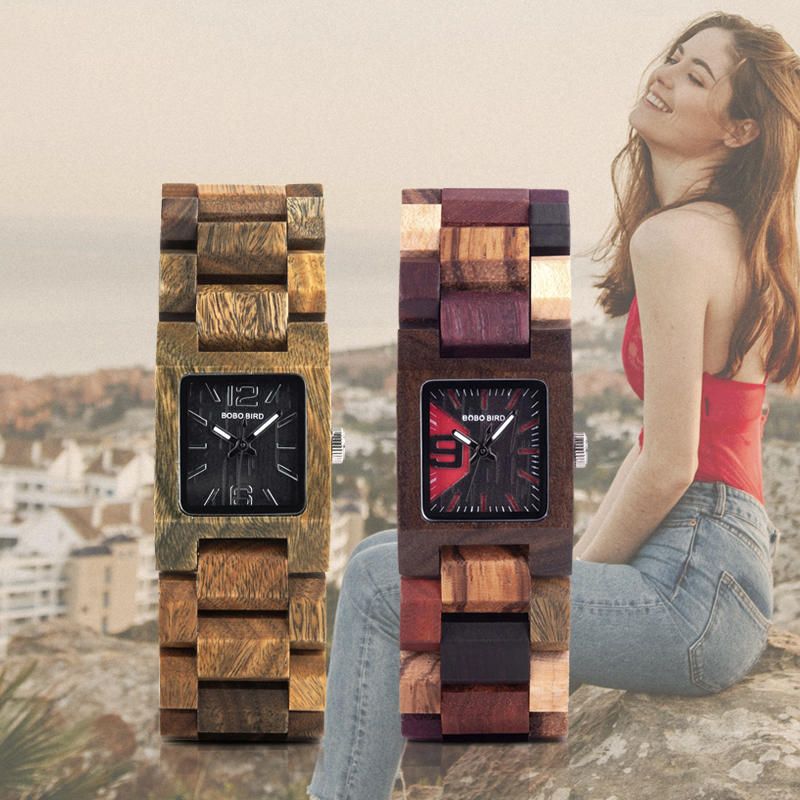 25mm Petit Cadran Carré Montre-bracelet Pour Femme Montre À Quartz En Bois