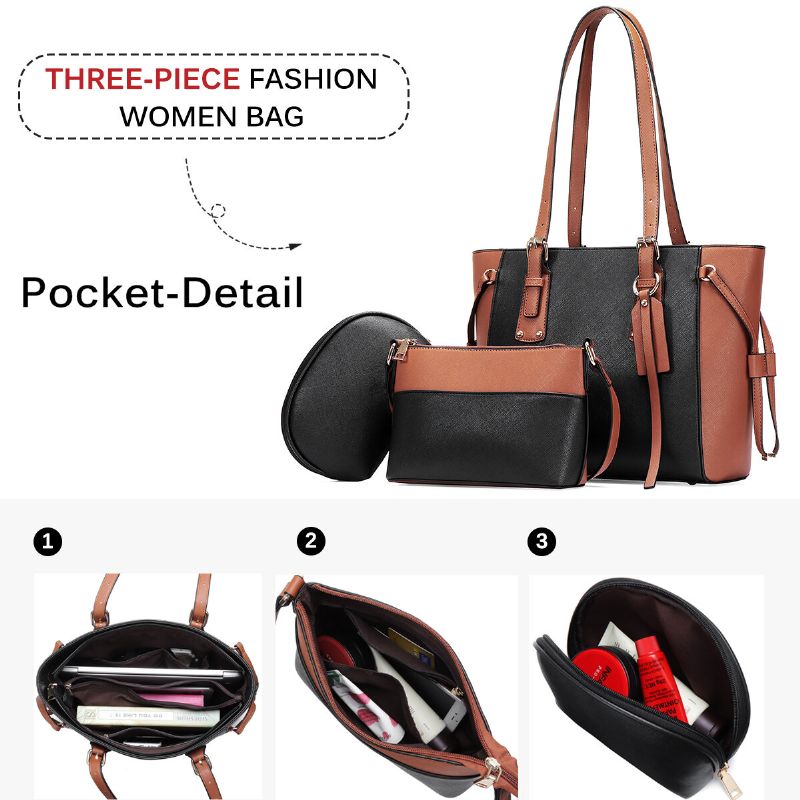 3 Pièces En Cuir Pu Vintage Couleur Assortie Grande Capacité Pochette Sac À Bandoulière Sac À Bandoulière Sac À Main