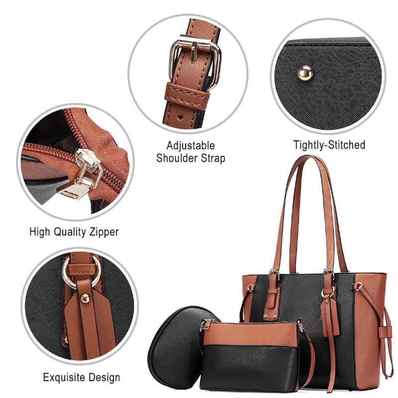 3 Pièces En Cuir Pu Vintage Couleur Assortie Grande Capacité Pochette Sac À Bandoulière Sac À Bandoulière Sac À Main