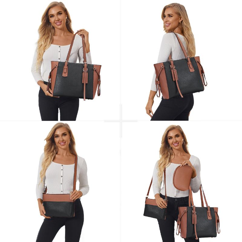 3 Pièces En Cuir Pu Vintage Couleur Assortie Grande Capacité Pochette Sac À Bandoulière Sac À Bandoulière Sac À Main