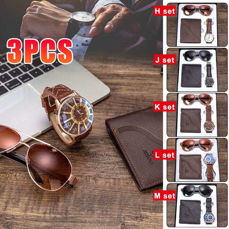 3 Pièces Ensemble Cadeau De Mode Pour Hommes Montre À Quartz De Style D'affaires + Portefeuille + Ensemble De Lunettes De Soleil