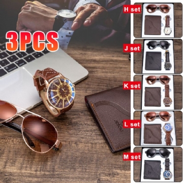 3 Pièces Ensemble Cadeau De Mode Pour Hommes Montre À Quartz De Style D'affaires + Portefeuille + Ensemble De Lunettes De Soleil