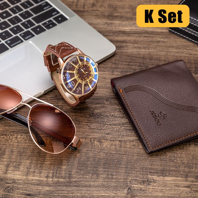 3 Pièces Ensemble Cadeau De Mode Pour Hommes Montre À Quartz De Style D'affaires + Portefeuille + Ensemble De Lunettes De Soleil