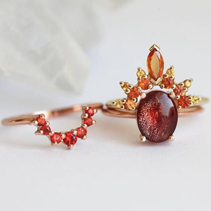 3 Pièces/ensemble Élégant Femmes Empilables Anneaux Rubis Cristal Fleur Charme Bohème Bague Ensembles Pour Les Femmes