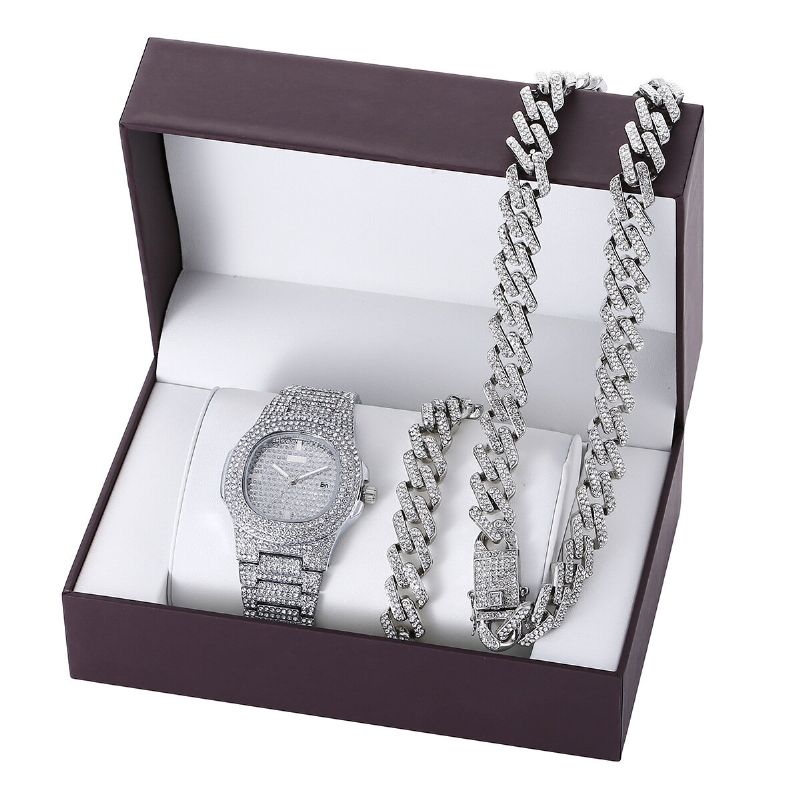 3 Pièces/ensemble De Luxe Mode Hommes Montre Ensemble Incrusté Strass Bracelet En Acier Quartz Montre Collier Bracelet