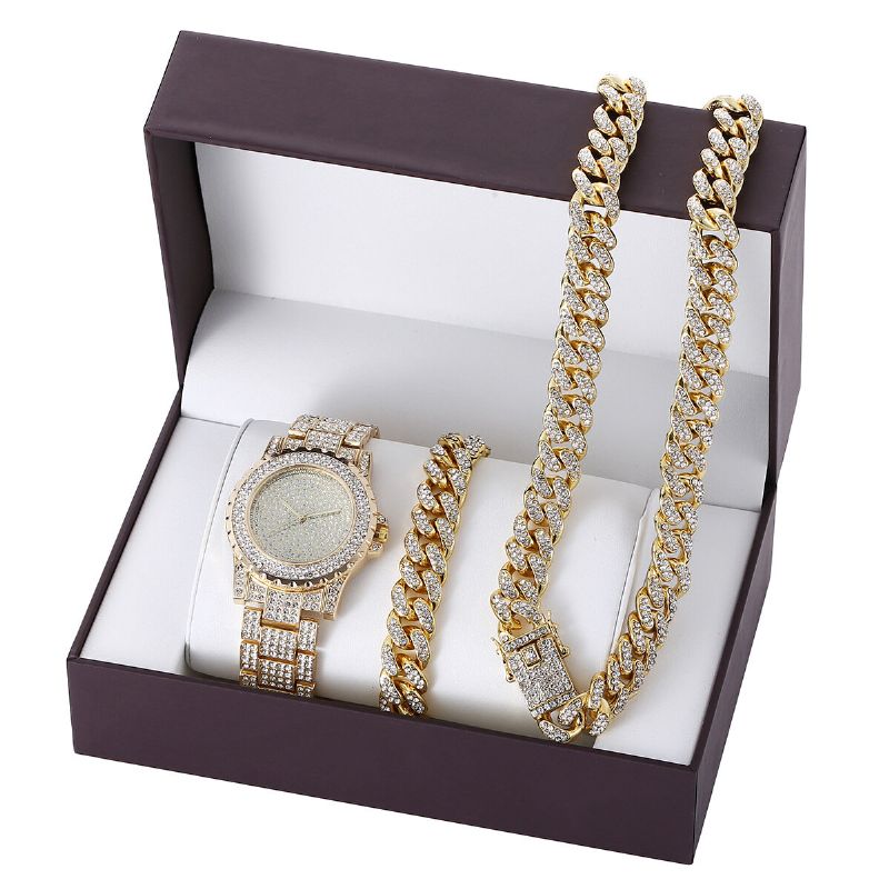 3 Pièces/ensemble De Luxe Mode Hommes Montre Ensemble Incrusté Strass Bracelet En Acier Quartz Montre Collier Bracelet