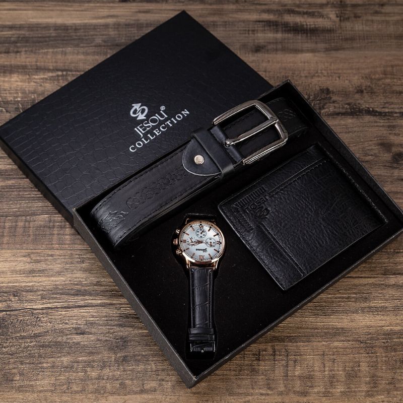 3 Pièces Hommes Coffret Cadeau Classique Affaires Bracelet En Cuir Mâle Montre À Quartz Pliant Portefeuille Ceinture