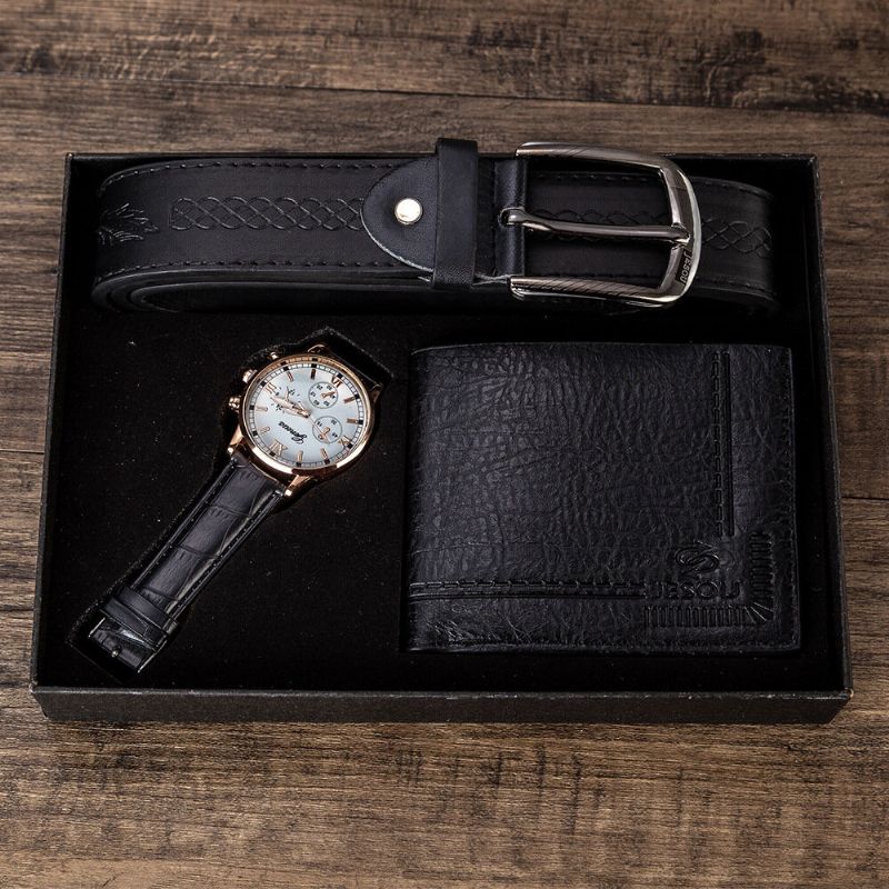 3 Pièces Hommes Coffret Cadeau Classique Affaires Bracelet En Cuir Mâle Montre À Quartz Pliant Portefeuille Ceinture