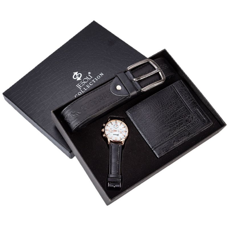 3 Pièces Hommes Coffret Cadeau Classique Affaires Bracelet En Cuir Mâle Montre À Quartz Pliant Portefeuille Ceinture