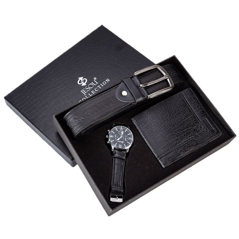 3 Pièces Hommes Coffret Cadeau Classique Affaires Bracelet En Cuir Mâle Montre À Quartz Pliant Portefeuille Ceinture