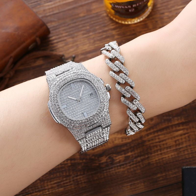 3 Pièces Hommes Montre Ensemble Incrusté De Diamants Acier Bande Quartz Montre Collier Bracelet Bijoux Cadeau Kit