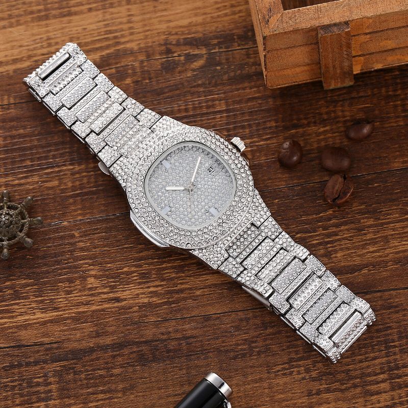 3 Pièces Hommes Montre Ensemble Incrusté De Diamants Acier Bande Quartz Montre Collier Bracelet Bijoux Cadeau Kit