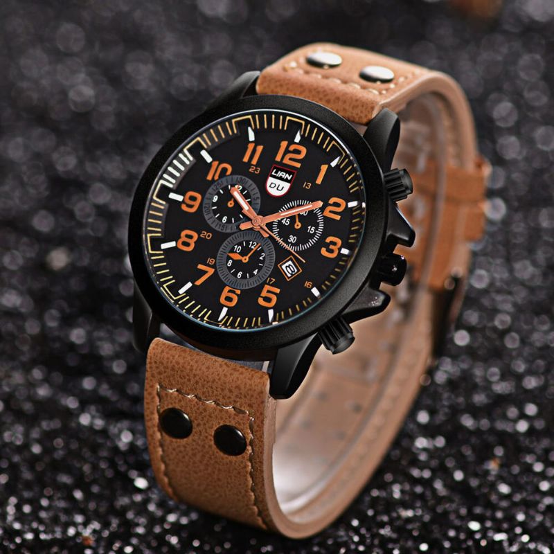 4 Couleurs En Acier Inoxydable Hommes Casual Quartz Pu Ceinture En Cuir Militaire Sport Trois Yeux Calendrier Montre