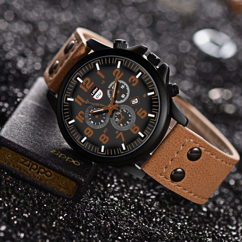 4 Couleurs En Acier Inoxydable Hommes Casual Quartz Pu Ceinture En Cuir Militaire Sport Trois Yeux Calendrier Montre