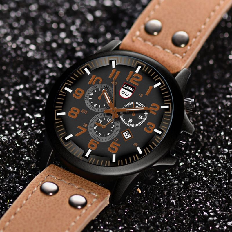 4 Couleurs En Acier Inoxydable Hommes Casual Quartz Pu Ceinture En Cuir Militaire Sport Trois Yeux Calendrier Montre