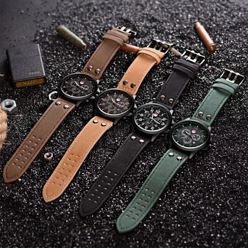 4 Couleurs En Acier Inoxydable Hommes Casual Quartz Pu Ceinture En Cuir Militaire Sport Trois Yeux Calendrier Montre