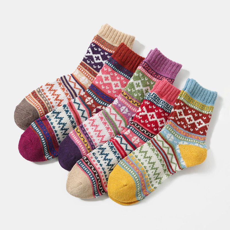 5 Paires Femmes Laine Coton Épaissie Géométrique Rayé Dot Motif Respirant Chaleur Chaussettes Tube Chaussette