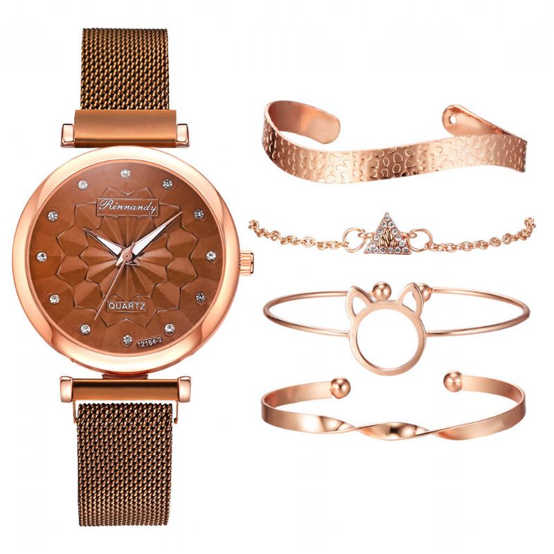 5 Pièces Combinaison Femmes Bracelet Montre Ensemble Fleur Cadran Maille Acier Bande Montre À Quartz