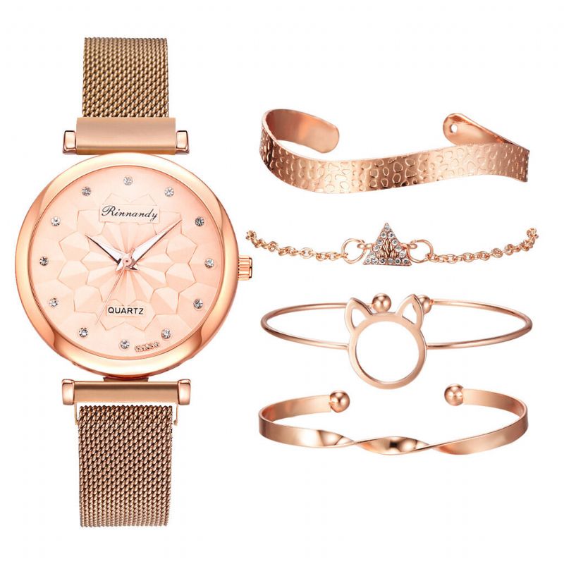 5 Pièces Combinaison Femmes Bracelet Montre Ensemble Fleur Cadran Maille Acier Bande Montre À Quartz