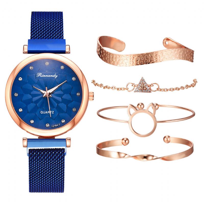 5 Pièces Combinaison Femmes Bracelet Montre Ensemble Fleur Cadran Maille Acier Bande Montre À Quartz