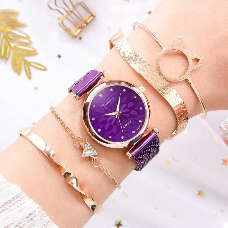 5 Pièces Combinaison Femmes Bracelet Montre Ensemble Fleur Cadran Maille Acier Bande Montre À Quartz