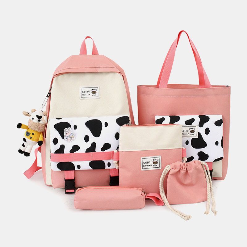 5 Pièces Toile Preppy Vache Motif Multifonction Combinaison Sac À Dos Fourre-tout Sac À Bandoulière Pochette Portefeuille