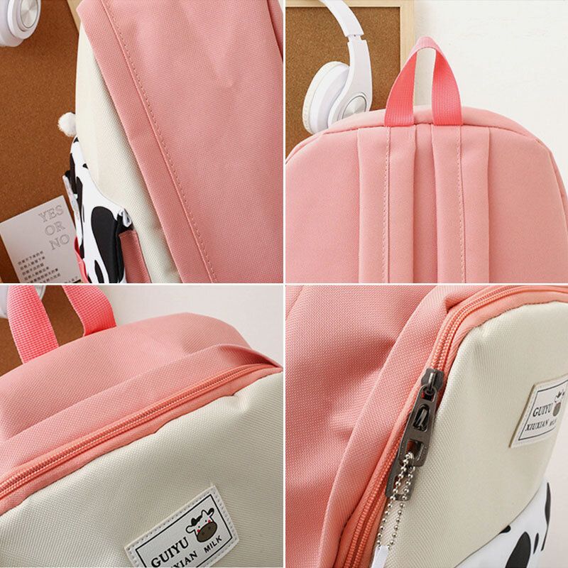 5 Pièces Toile Preppy Vache Motif Multifonction Combinaison Sac À Dos Fourre-tout Sac À Bandoulière Pochette Portefeuille