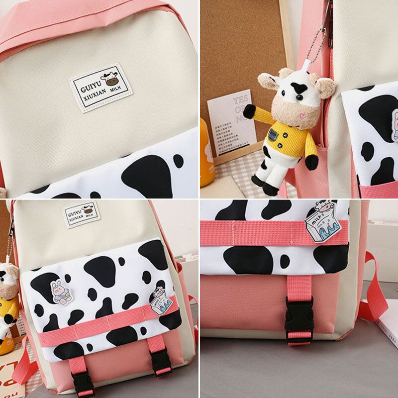 5 Pièces Toile Preppy Vache Motif Multifonction Combinaison Sac À Dos Fourre-tout Sac À Bandoulière Pochette Portefeuille