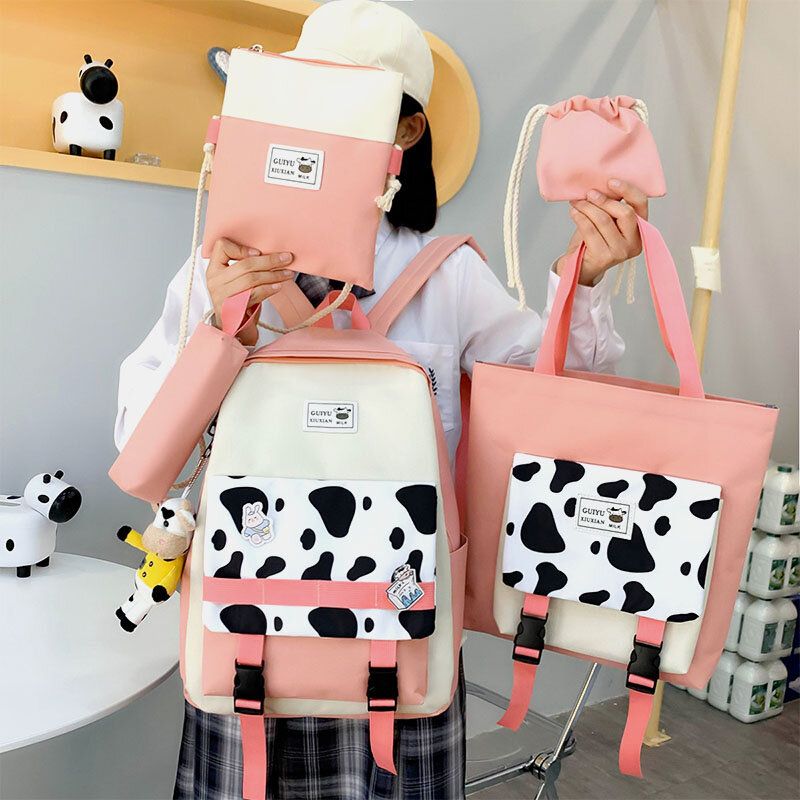 5 Pièces Toile Preppy Vache Motif Multifonction Combinaison Sac À Dos Fourre-tout Sac À Bandoulière Pochette Portefeuille