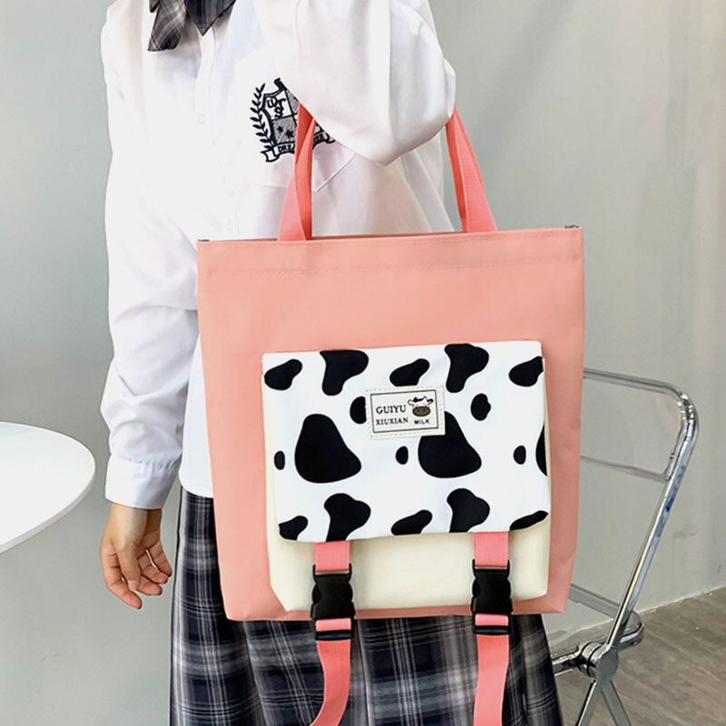 5 Pièces Toile Preppy Vache Motif Multifonction Combinaison Sac À Dos Fourre-tout Sac À Bandoulière Pochette Portefeuille