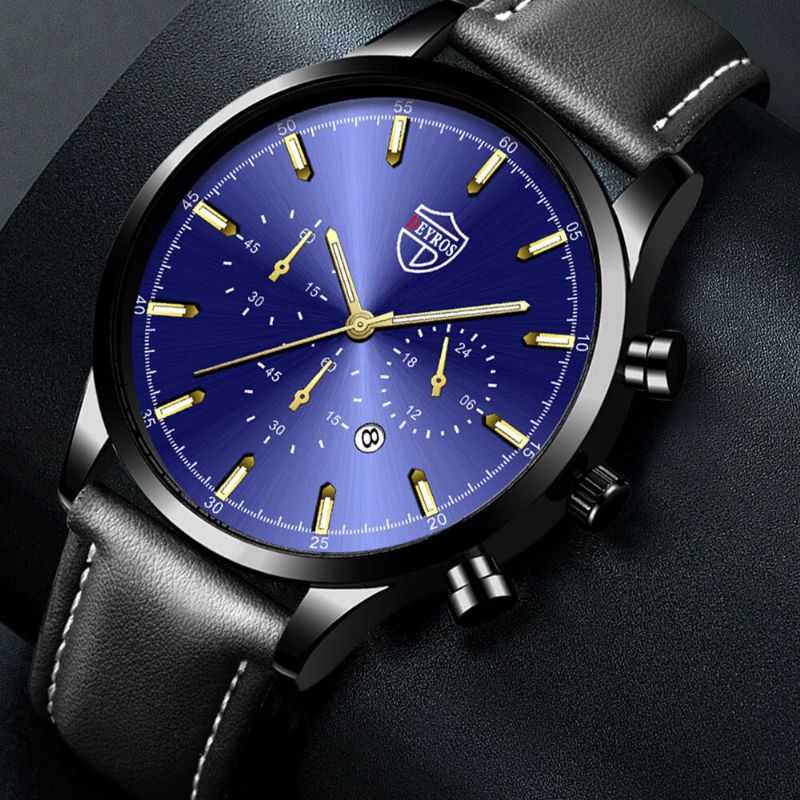 7 Couleurs En Acier Inoxydable En Cuir Hommes Casual Affaires Multifonctionnel Calendrier Lumineux Montre À Quartz