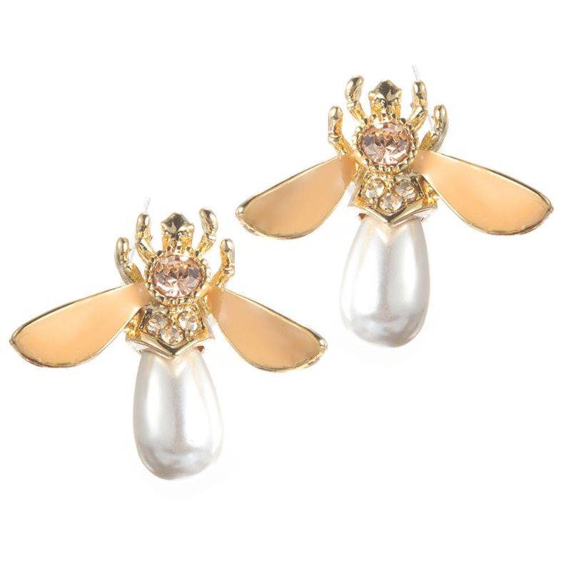 Abeilles Mignonnes Oreille Goujon De Luxe Plaqué Or Pierres Précieuses Perle Boucle D'oreille Bijoux Pour Femmes