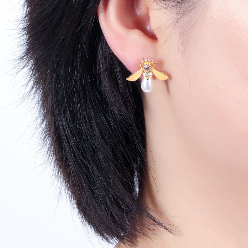 Abeilles Mignonnes Oreille Goujon De Luxe Plaqué Or Pierres Précieuses Perle Boucle D'oreille Bijoux Pour Femmes