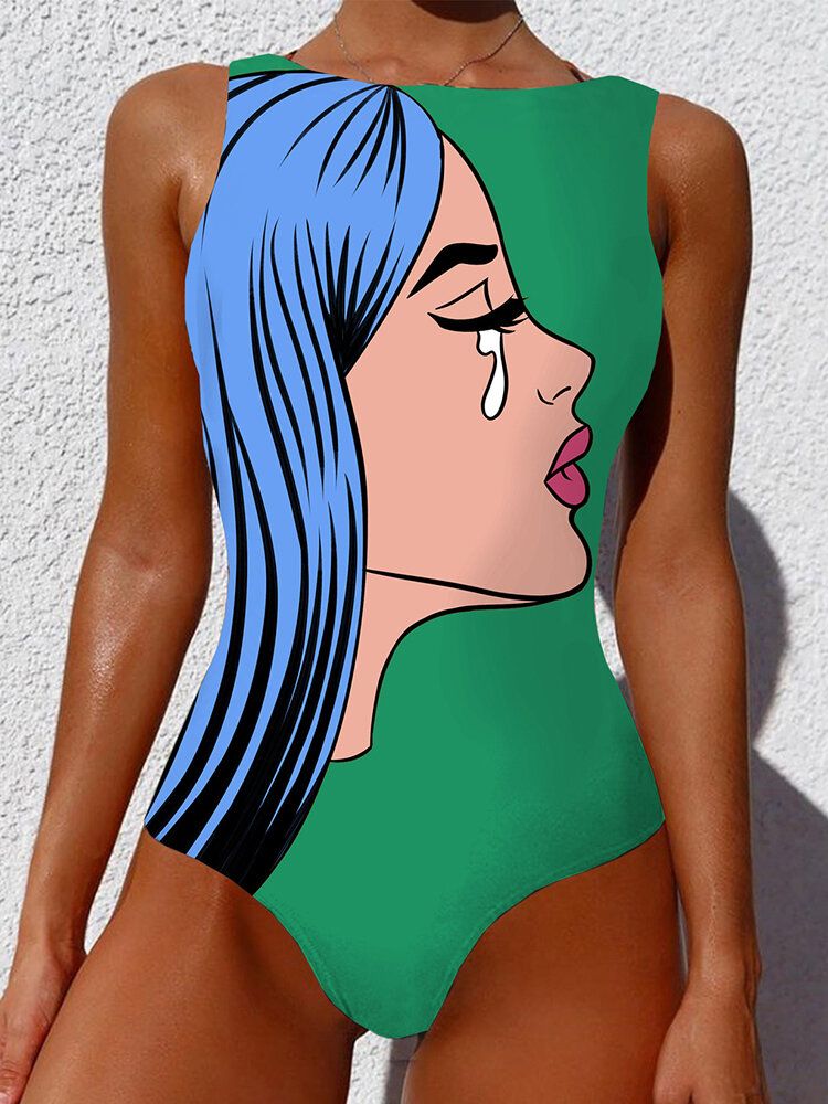 Abstract Figure Print Sleeveles Backless One-piece Summer Beach Maillots De Bain Pour Femmes