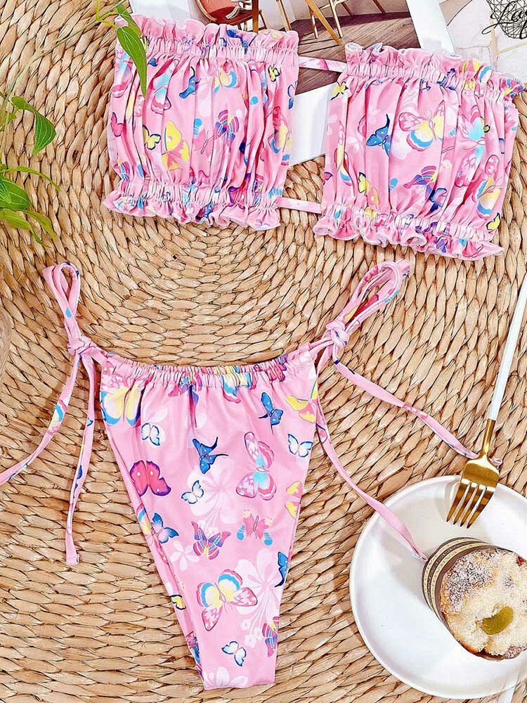 Animal Papillon Imprimé Cravate Tube Sans Bretelles Bikini Plage Maillots De Bain Pour Femmes