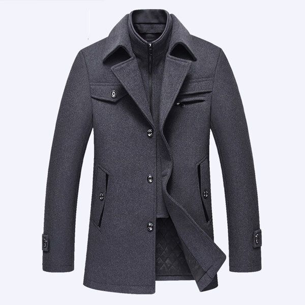 Automne Hiver Mode Affaires Double Col Veste Décontractée Hommes Laine Chaude Veste Longue Trench Coat