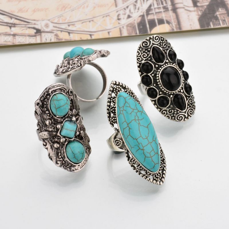 Bague Bohème Rétro Bleu Turquoise Ruban Sculpté Femme Bagues Accessoires