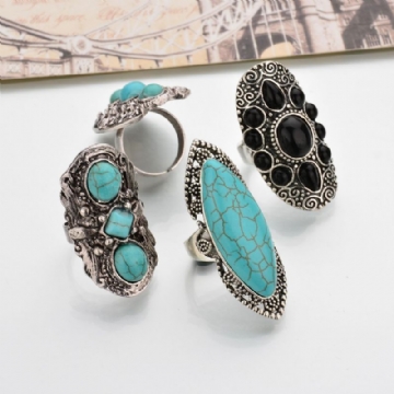 Bague Bohème Rétro Bleu Turquoise Ruban Sculpté Femme Bagues Accessoires