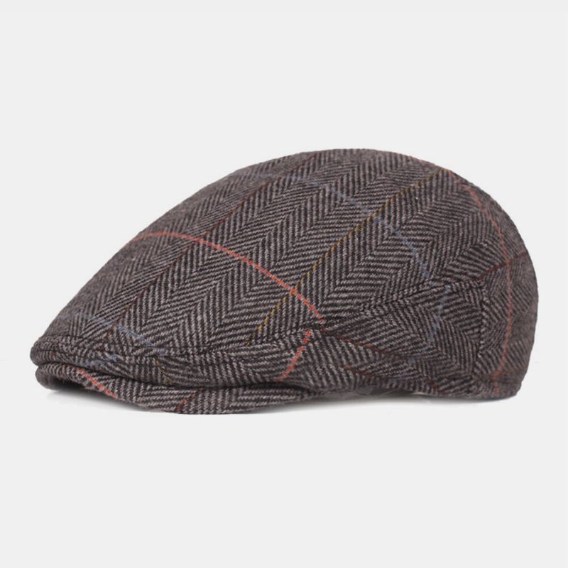 Bérets À Motif De Treillis À Chevrons En Laine Pour Hommes British Retro Ear Protection Forward Hat Newsboy Hat