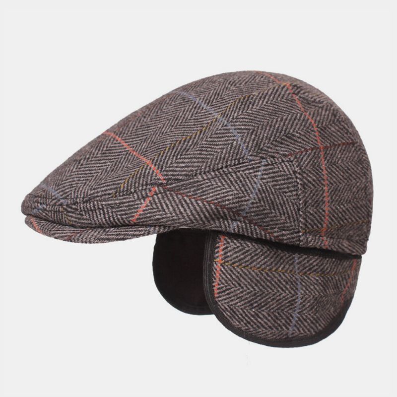 Bérets À Motif De Treillis À Chevrons En Laine Pour Hommes British Retro Ear Protection Forward Hat Newsboy Hat